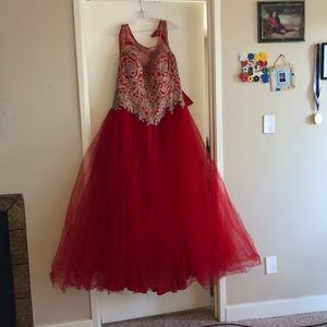 Full length red quinceanera dress with gold detail